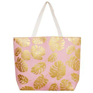 Fashion Pink Large Beach Tote Featuring Metallic Palm Leaf Design